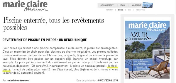Le magazine Marie Claire Maison recommande Flexi Pierre en bassin de piscine.